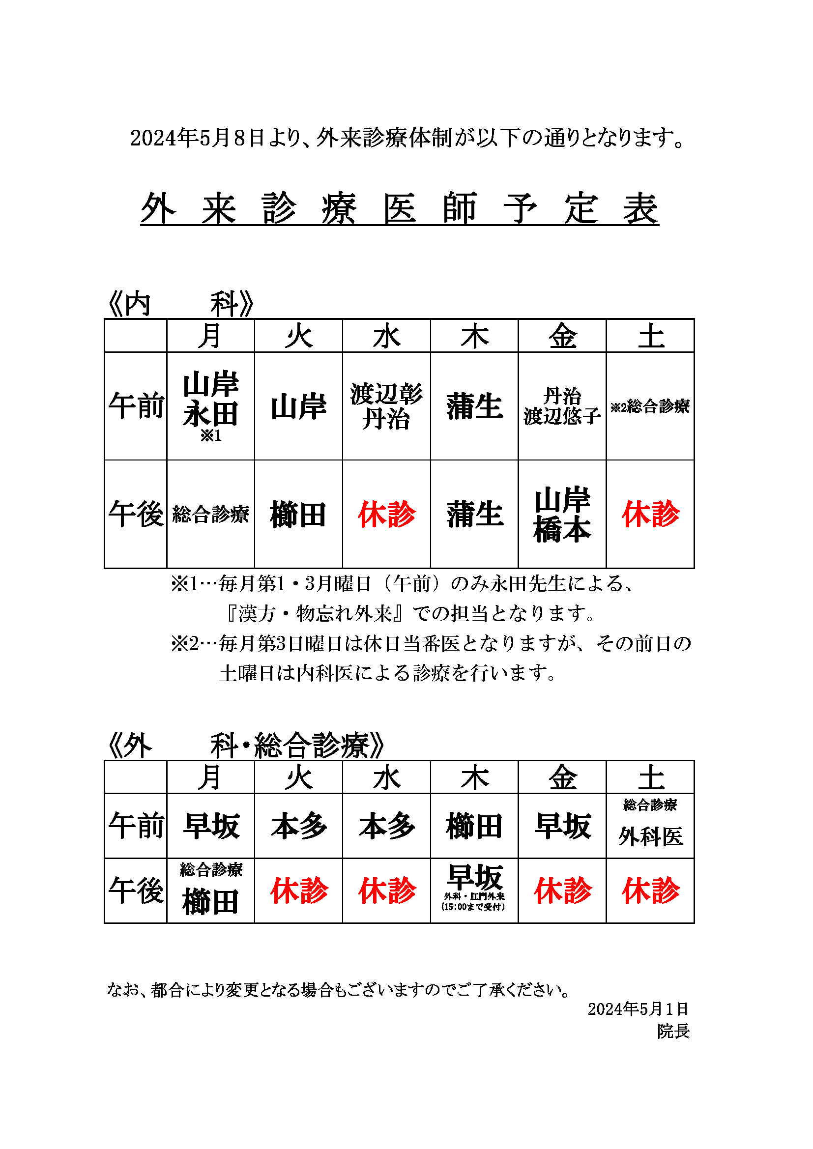 外来担当医表